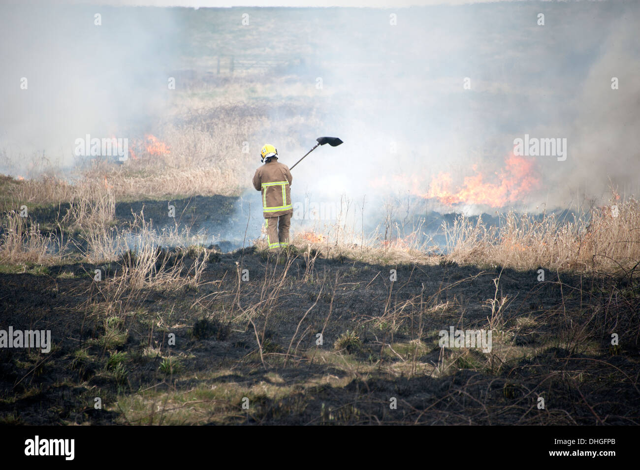 Feuerwehrmann mit Schlägern auf Grass Feuer Heide Stockfoto