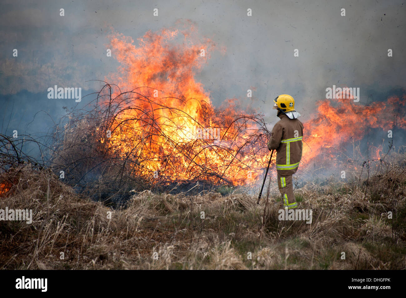 Feuerwehrmann mit Schlägern auf Grass Feuer Heide Stockfoto