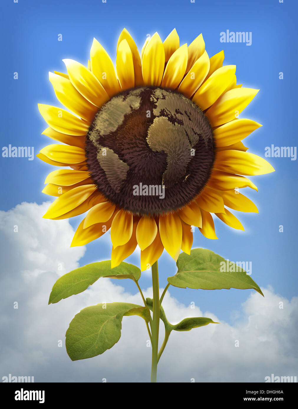 Anschauliches Bild Sonnenblume mit Globus Impressum vertreten global care Stockfoto