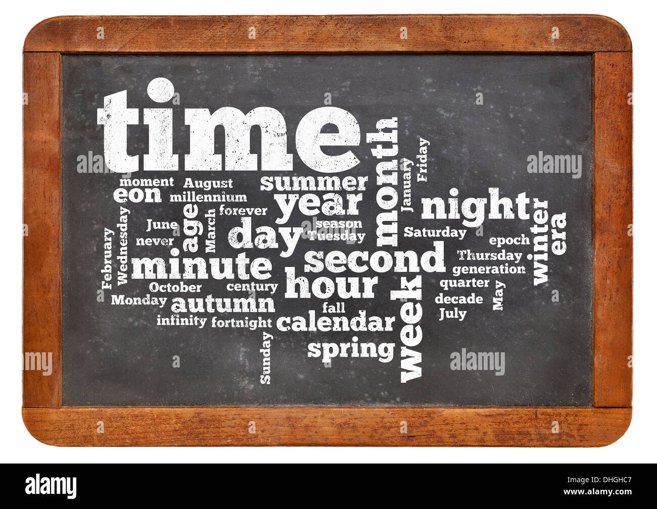 Wolke aus Worten oder Tags, die im Zusammenhang mit Uhrzeit und Kalender auf einer Vintage Schiefer Tafel isoliert auf weiss Stockfoto