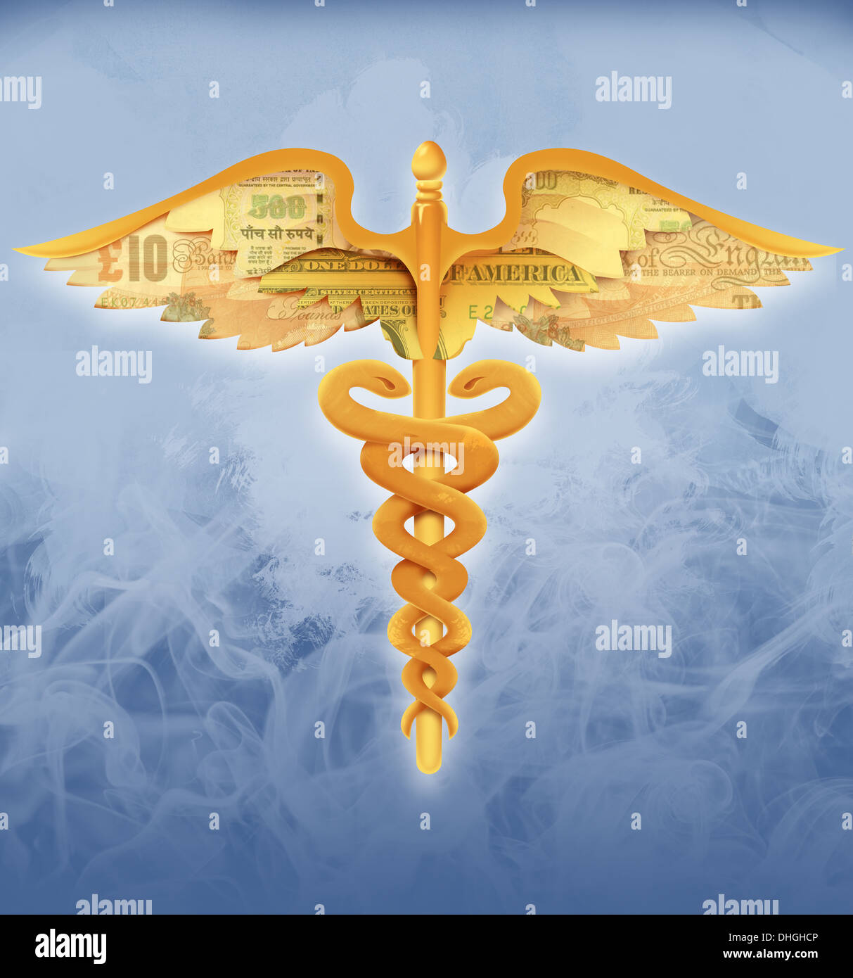 Anschauliche Bild der Hermesstab Symbol mit Währung Flügeln für medizinische Kosten Stockfoto