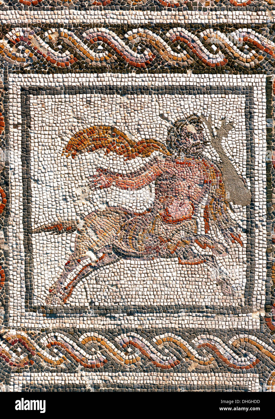 Mosaik von Bacchus und Ariadne-Zentaur, Planetarium Haus, römischen Ruinen von Itálica, Santiponce, Provinz Sevilla, Spanien, Europa Stockfoto