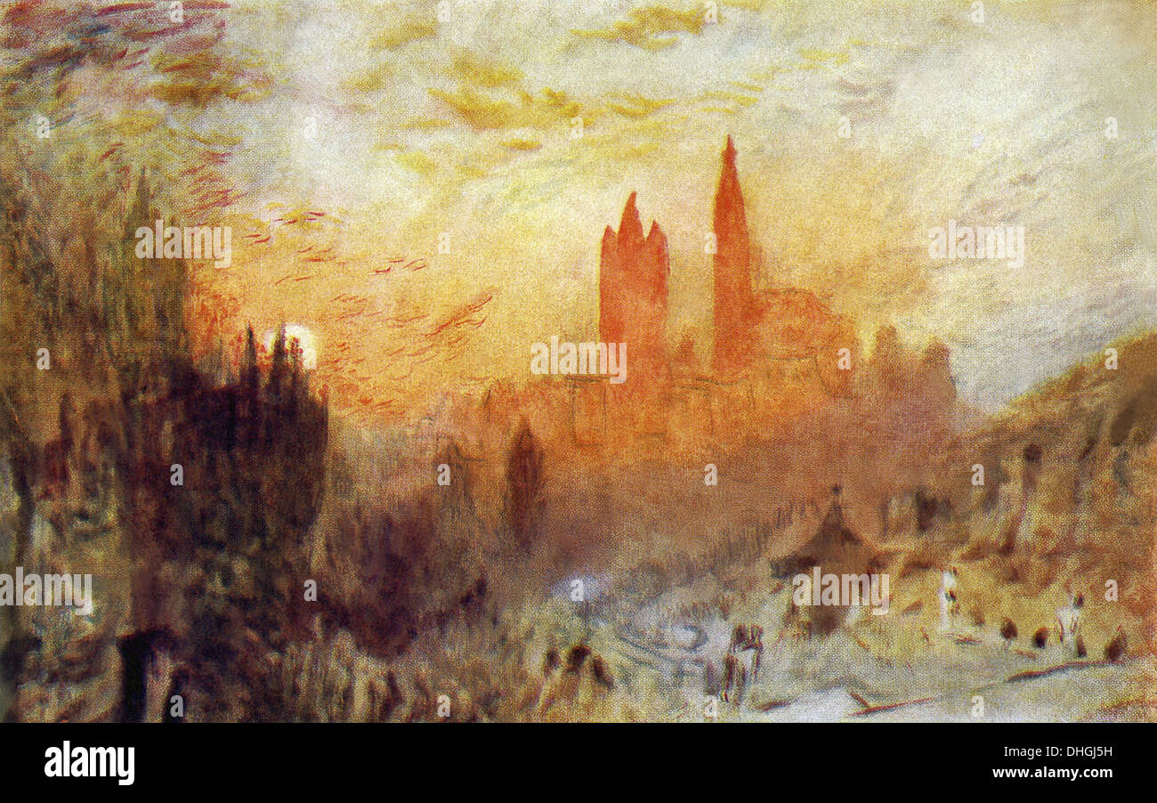 Dieses Aquarell ist Lausanne betitelt. Allerdings kann es sein, Bern, oder lediglich ein Turnerian Schweizer Traum der geleerten Türme. Stockfoto