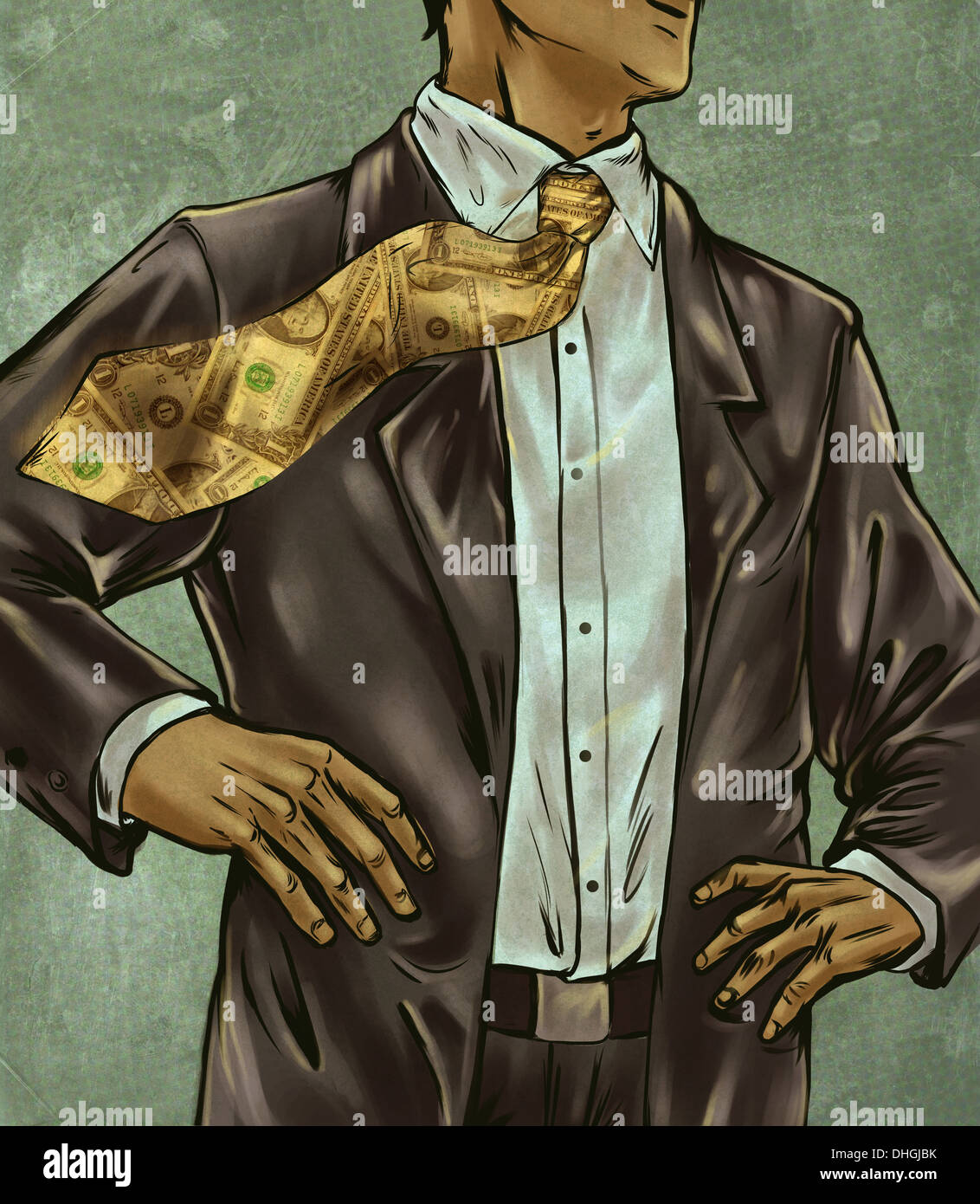 Anschauliches Bild der Geschäftsmann tragen Dollar binden repräsentieren Geld Besessenheit Stockfoto