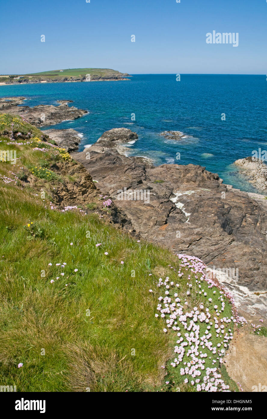 Beeindruckende Aussicht auf die Küste auf dem Küstenpfad bei Newtrain Bay, North Cornwall, Blick nach Westen über Harlyn Bay zu Cataclews Punkt Stockfoto