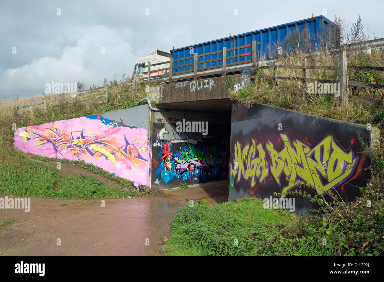 Street-Art an den Wänden von einer u-Bahn unter der A1 bei Eaton Socon, Cambridgeshire UK. Stockfoto