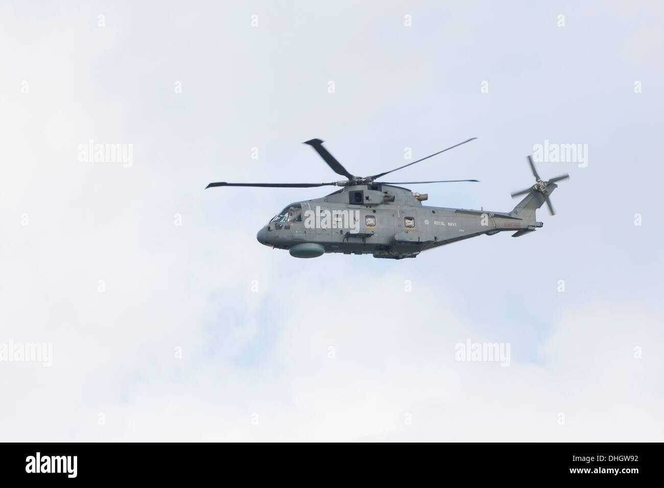 Merlin Helikopter der Royal Navy im Flug Stockfoto