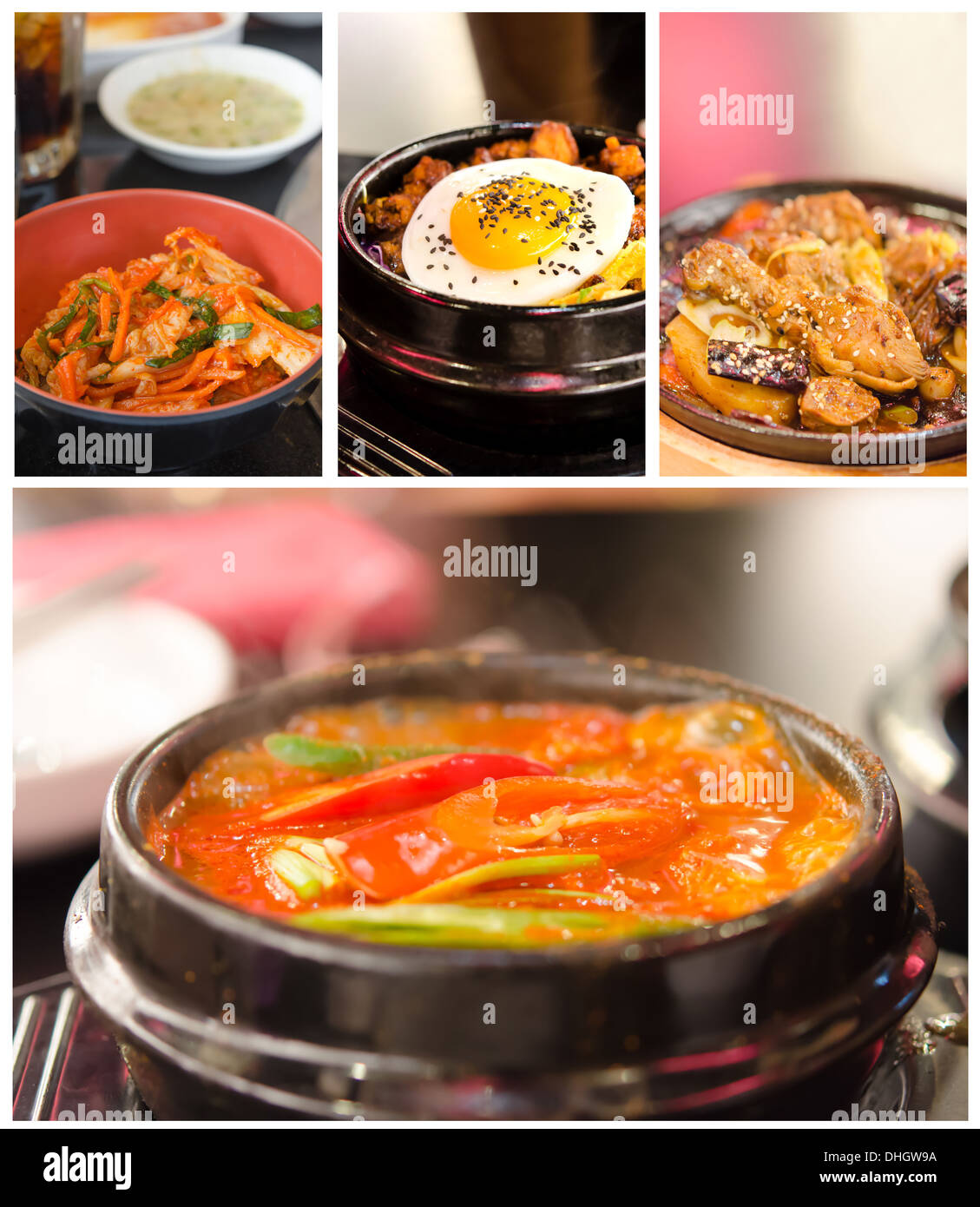 Collage aus Fotos der koreanischen Küche (Kimchi Chigae, Bibimbap, Jim Dak Kimchi) Stockfoto