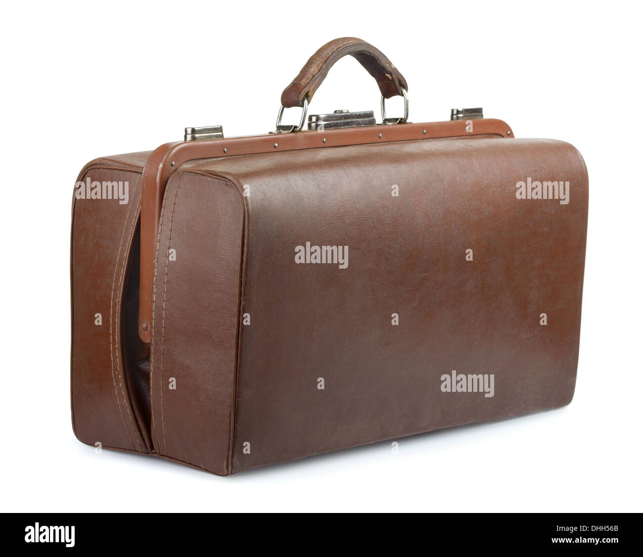 Braun Leder alte Gepäcktasche isoliert auf weiss Stockfoto