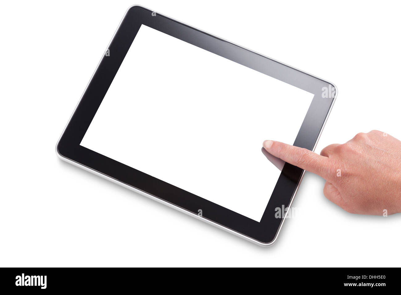 Hand und Finger Tippen auf den Bildschirm eines Tablet-Computers, isoliert auf weiss Stockfoto