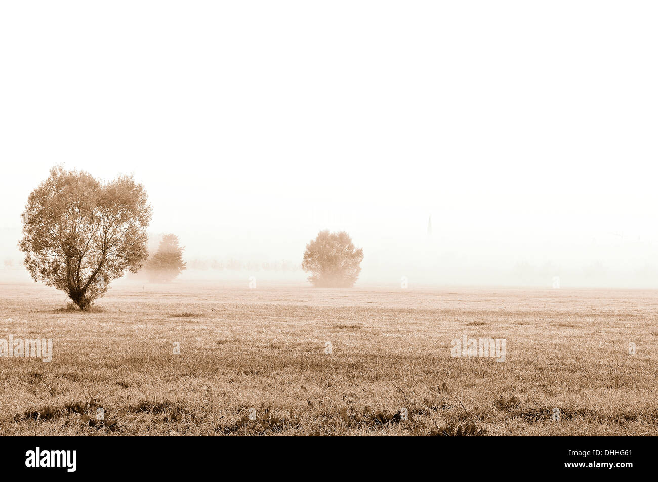 Nebelige Landschaft mit Kirchturm sepia Stockfoto