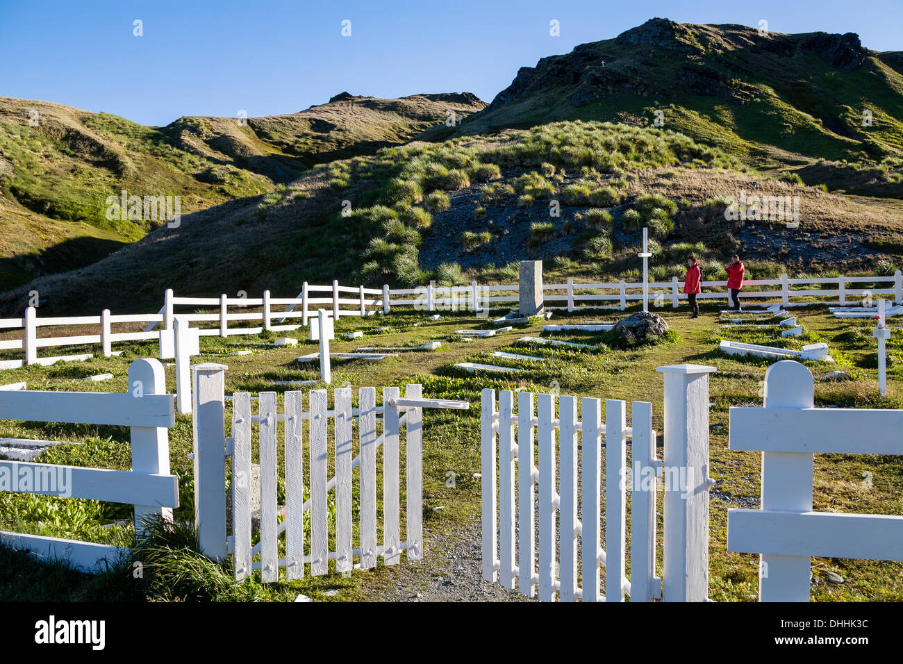 Grytviken Friedhof mit dem Grab des König Edward Cove, Südgeorgien, Süd-Sandwich-Inseln, Sir Ernest Henry Shackleton, britisc Stockfoto
