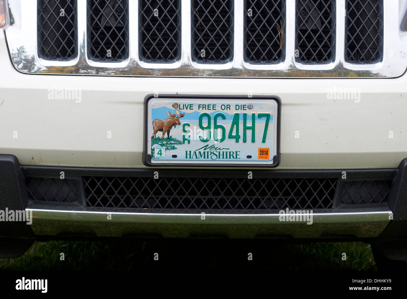 New Hampshire-Kfz-Kennzeichen zeigt einen Elch und das Motto "Live Free or Die" Stockfoto