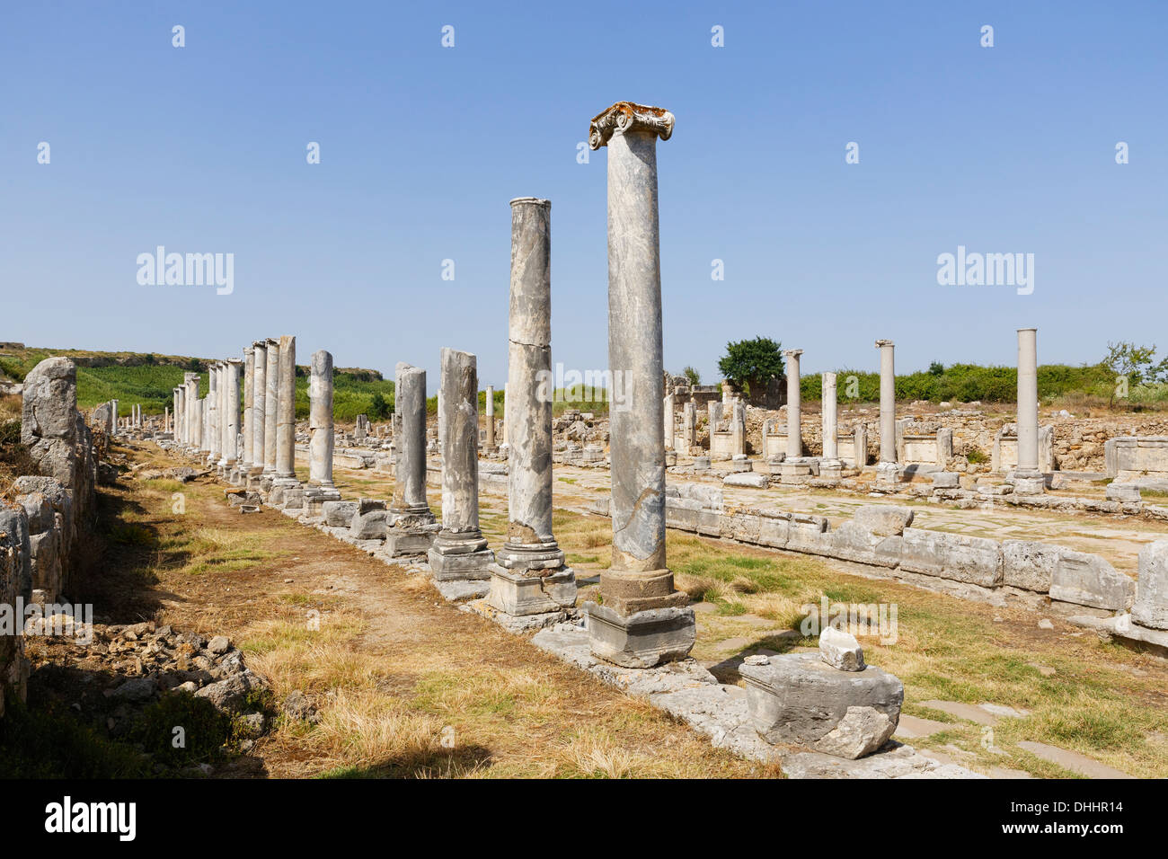 Säulenstraße, die antike Stadt Perge, Perge, Aksu, türkische Riviera, Provinz Antalya, Mittelmeerregion, Türkei Stockfoto
