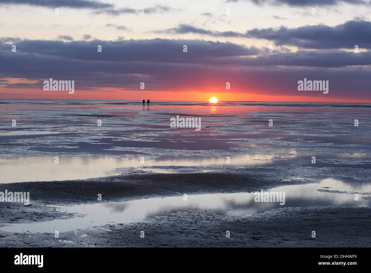 Sonnenuntergang am Wattenmeer, Insel Juist, Ostfriesland, Niedersachsen, Deutschland, Europa Stockfoto