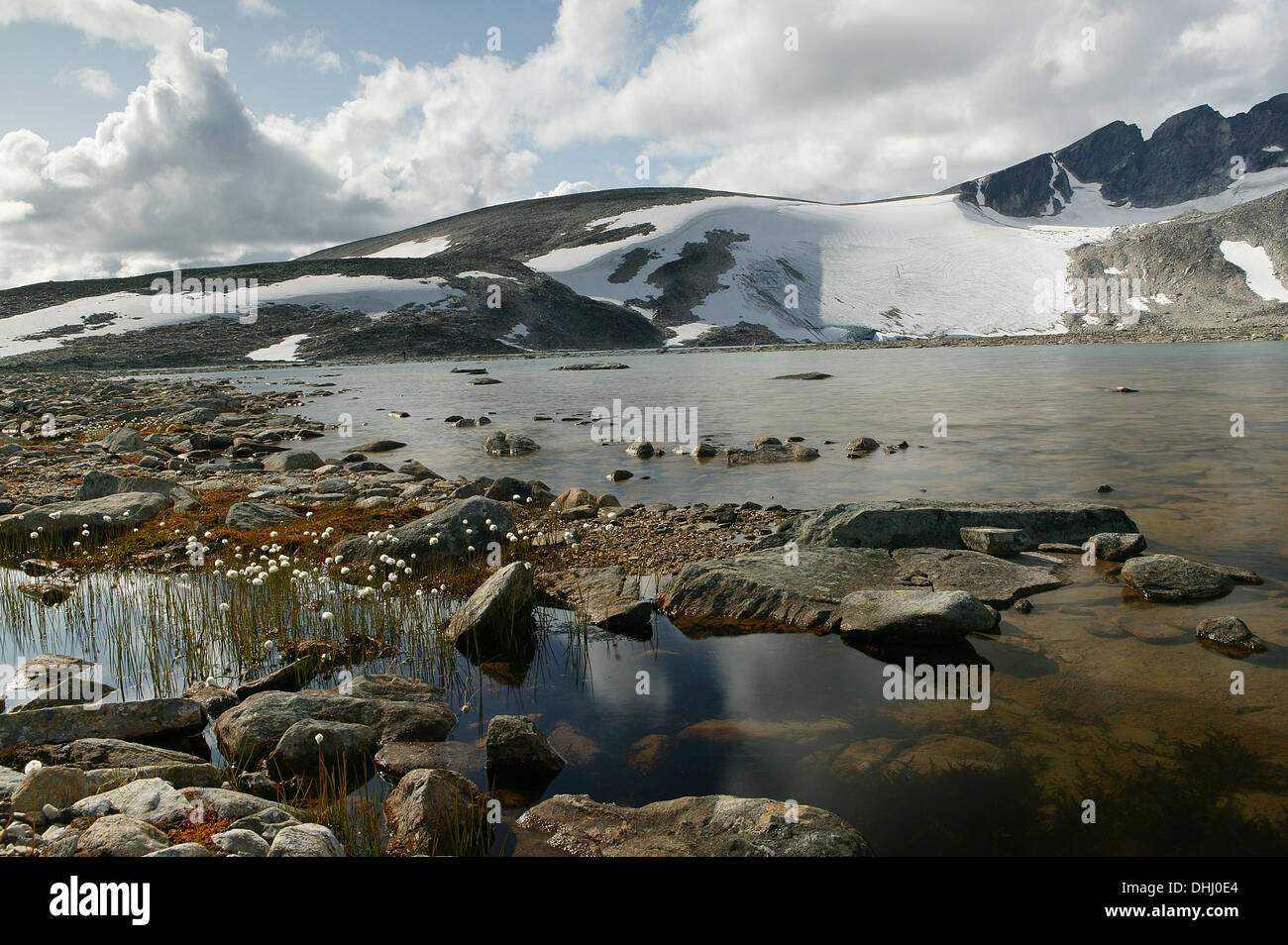 Der See Istjønne unter dem Berg Snøhetta im Dovrefjell Nationalpark, Dovre, Norwegen. Stockfoto