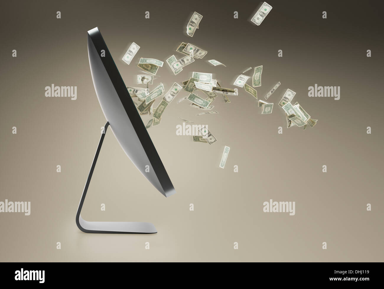 Still Life with Personalcomputer und schwimmenden Dollarnoten Stockfoto