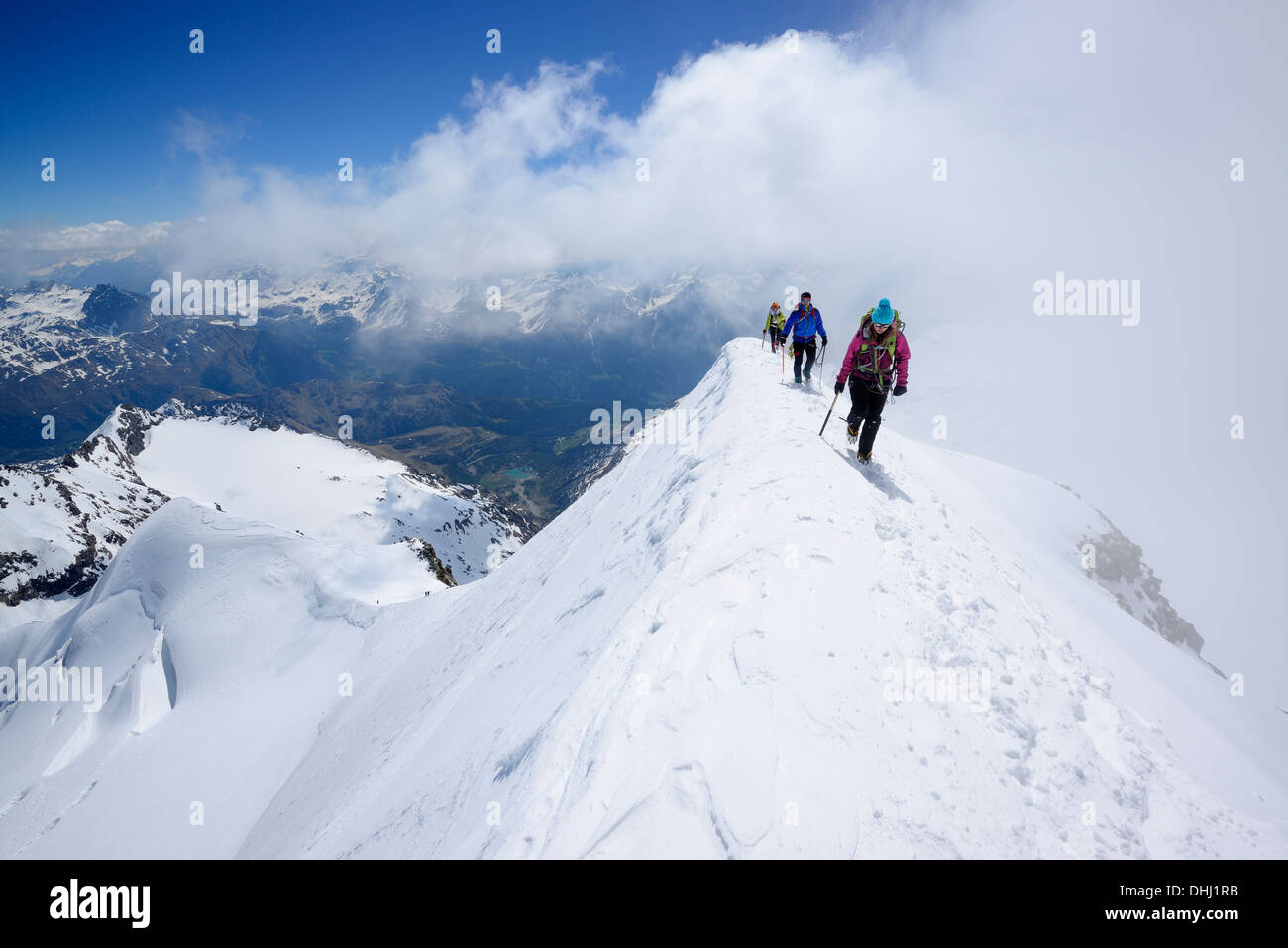 Drei Bergsteiger zum Piz Palue, Graubünden, Schweiz Stockfoto