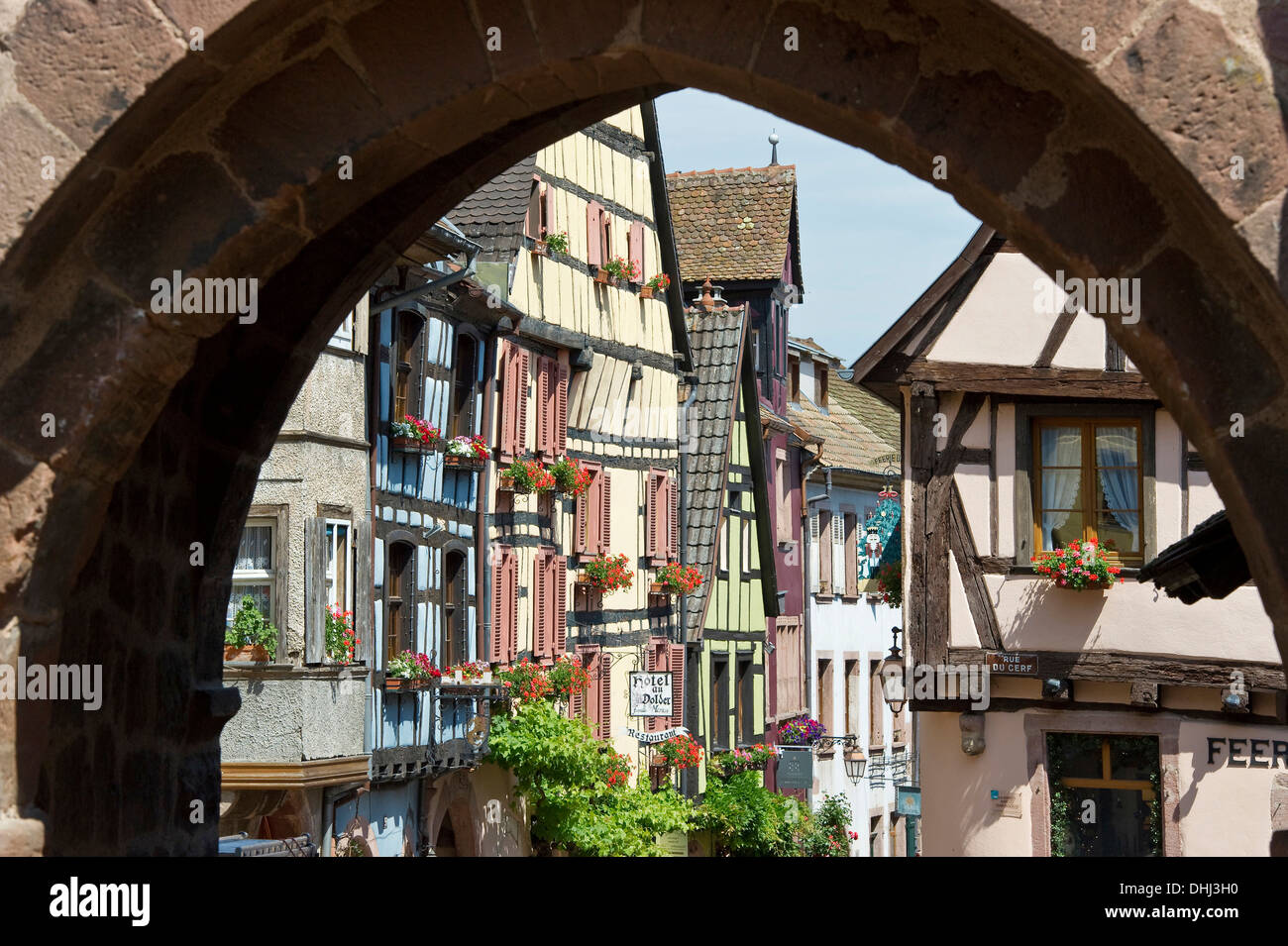 Fachwerkhäuser, Riquewihr, Elsass, Frankreich Stockfoto