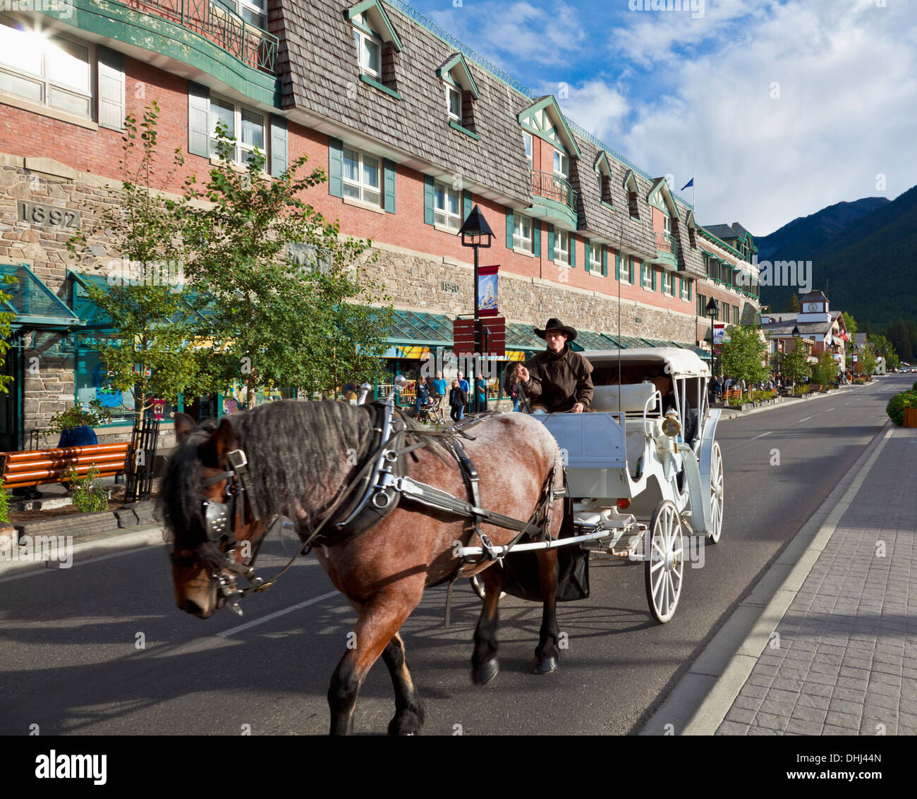 Eine Pferdekutsche Kutschenfahrt von Banff in Banff Avenue Banff Stadt Banff Nationalpark Alberta Kanada Stockfoto