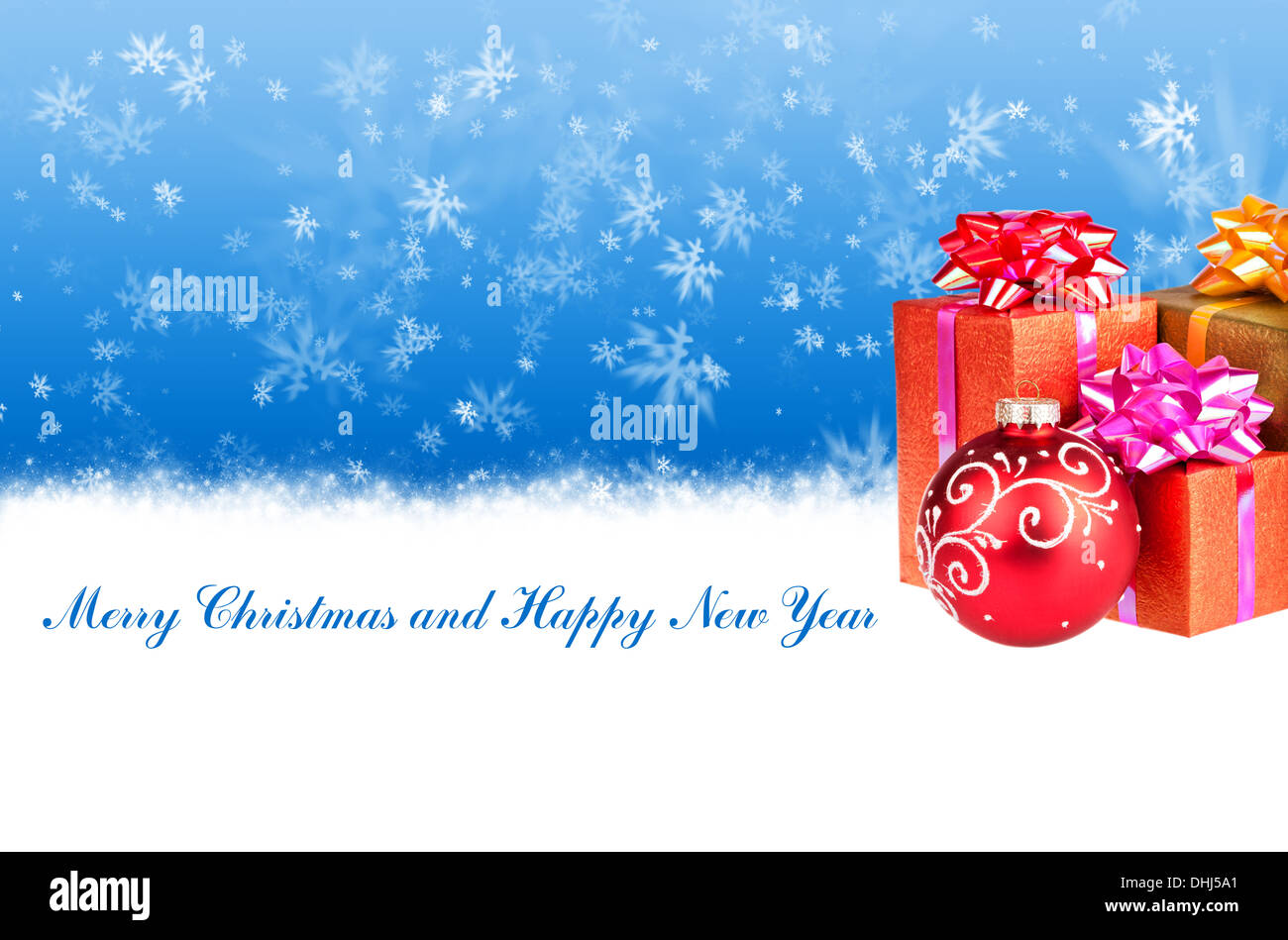 Frohe Weihnachten und Happy New Year Hintergrund mit Weihnachtsgeschenke Stockfoto