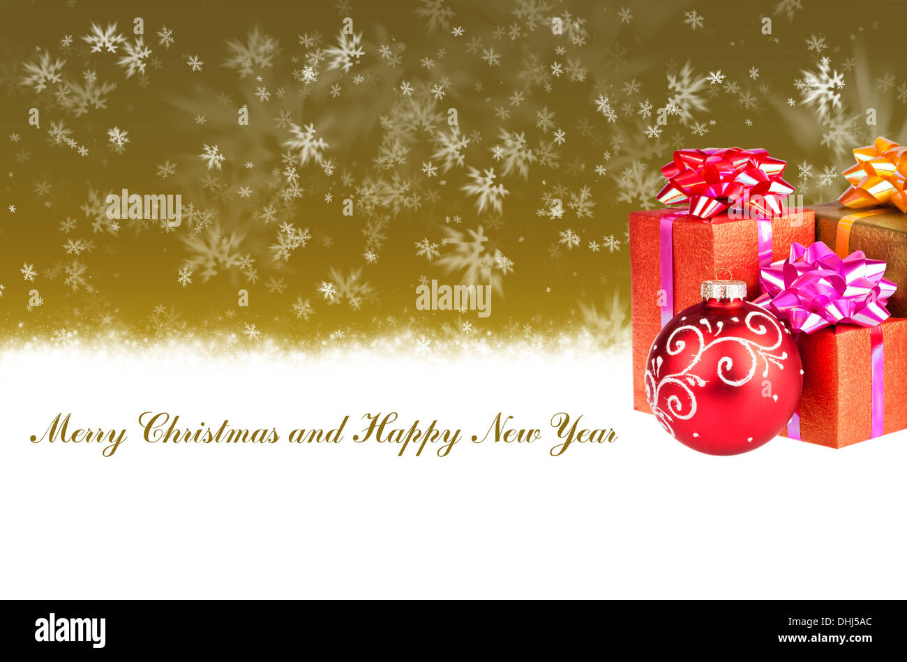 Frohe Weihnachten und Happy New Year Hintergrund mit Weihnachtsgeschenke Stockfoto