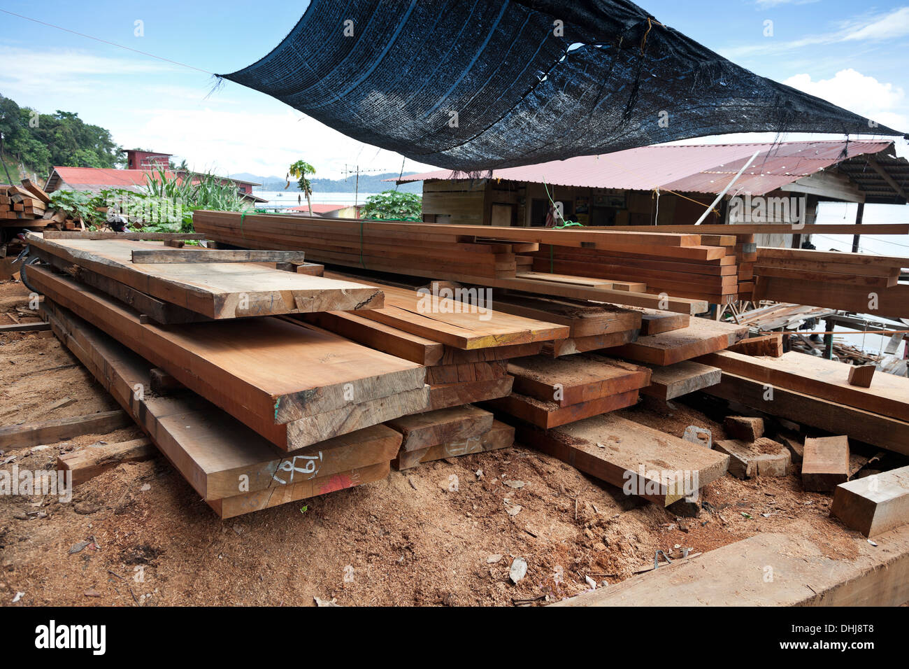 Hartholz Dielen & Rippen schneiden für traditionellen Bootsbau, Sungai Pinang Besar Dorf, Pangkor Island, Malaysia Stockfoto