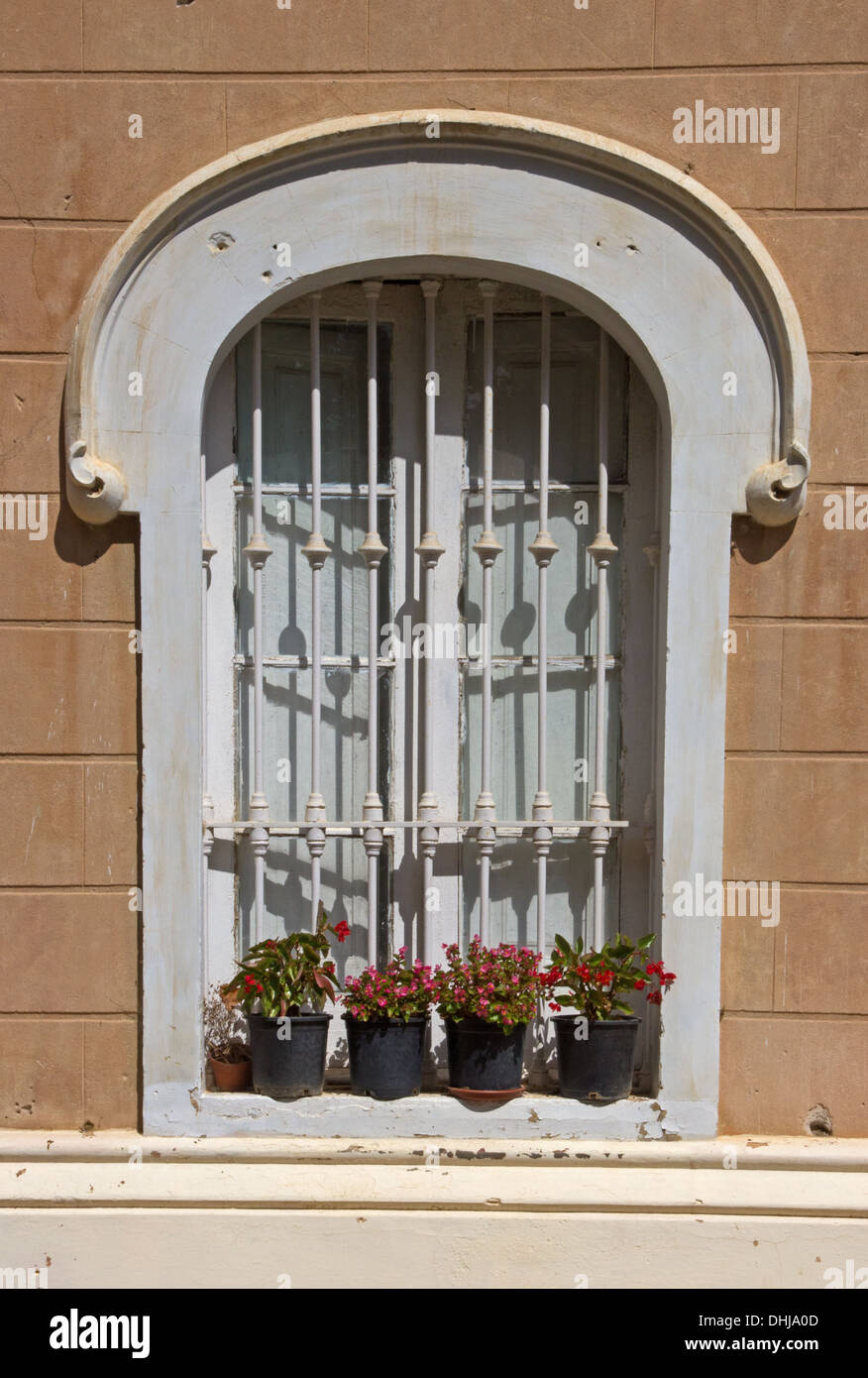 Fenster im Haupthaus, Parque Sama, Cambrils, Tarragona Stockfoto