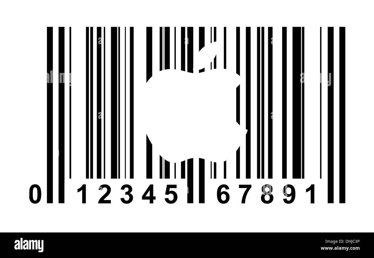 Shopping Barcode mit Apfel isoliert auf weißem Hintergrund. Stockfoto