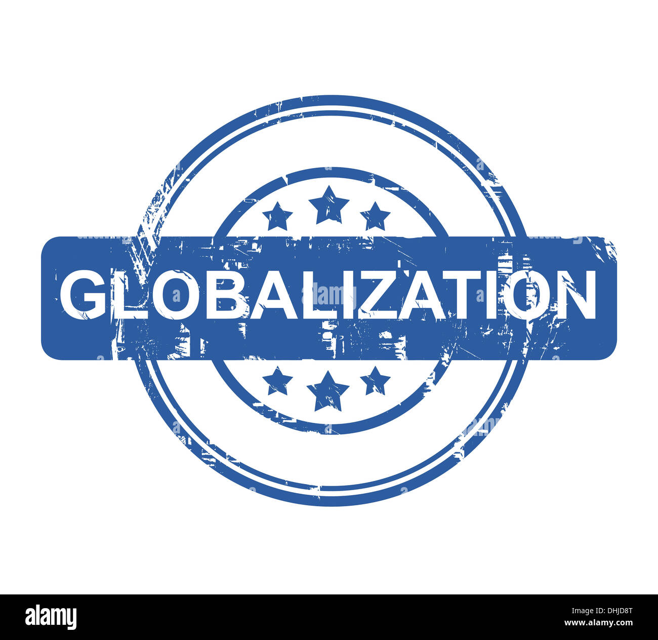 Globalisierung-Firmenstempel mit Sternen isoliert auf einem weißen Hintergrund. Stockfoto