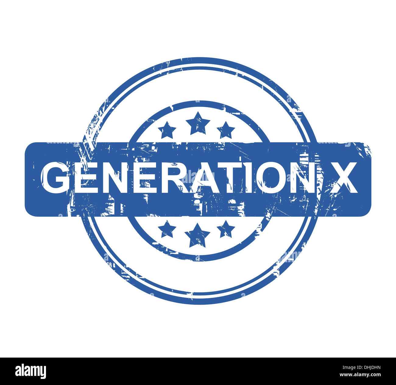 Generation X Firmenstempel mit Sternen isoliert auf einem weißen Hintergrund. Stockfoto