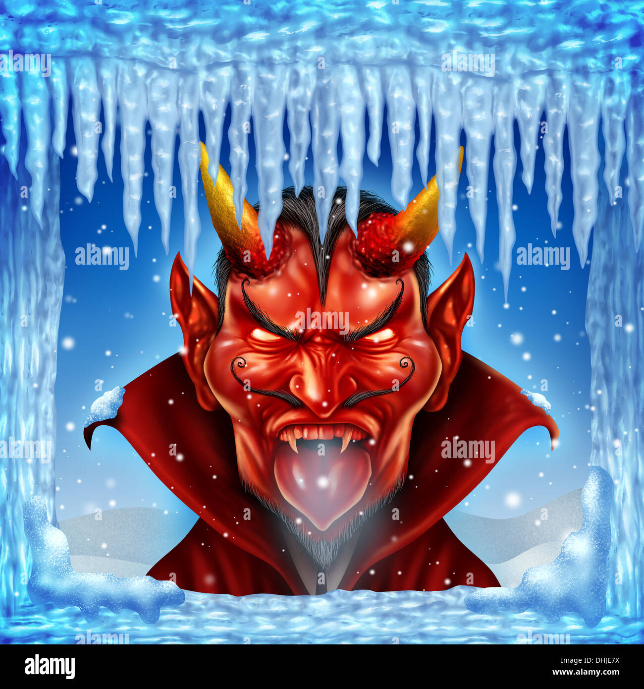 Als Konzept mit einem kalten rote Teufel-Charakter in einer eisigen Winter Umgebung mit Schnee und Eiszapfen auf einem blauen Himmel Hölle zufriert Stockfoto