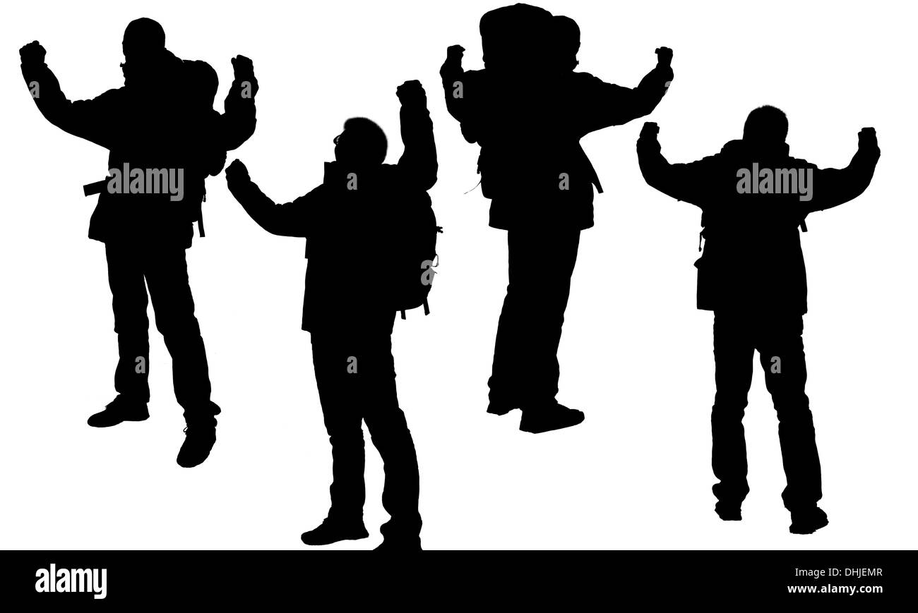 Die Silhouette der Wanderer auf einem weißen Hintergrund isoliert Stockfoto