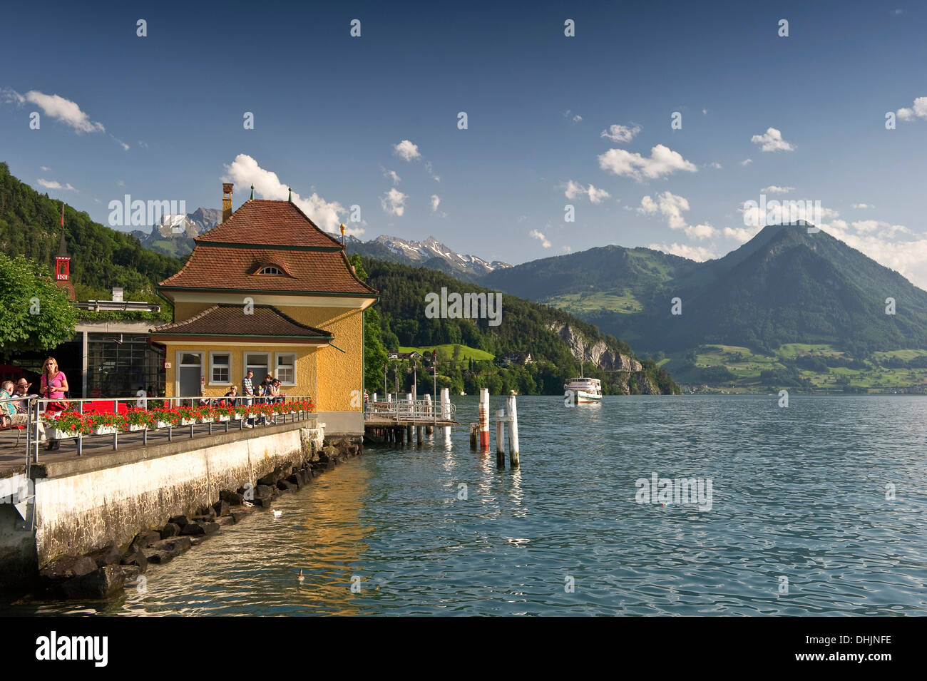 Anlegestelle in Vitznau, Vierwaldstättersee, Kanton Luzern, Schweiz, Europa Stockfoto