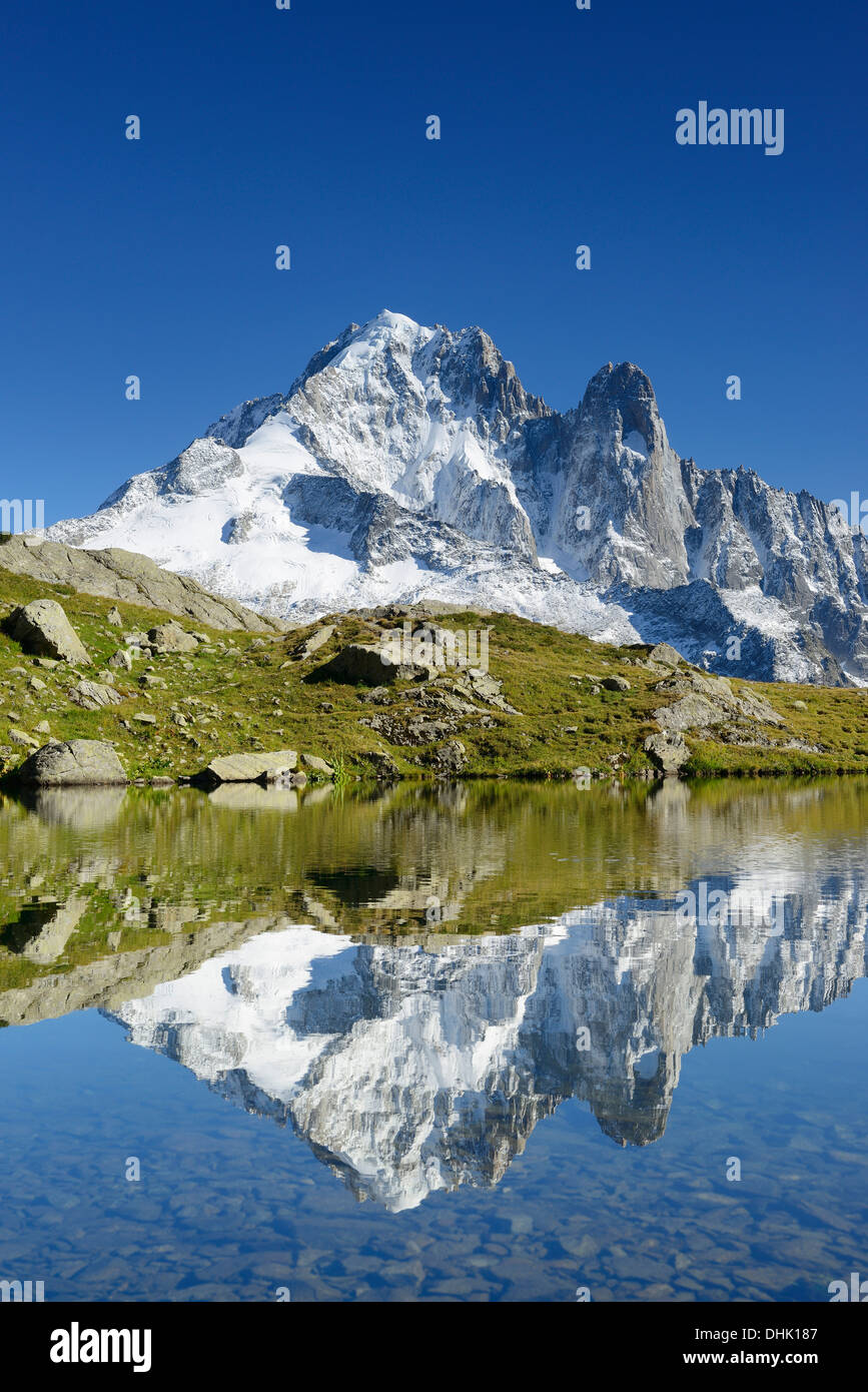 Mont-Blanc-Massiv mit Aiguille Verte und Grand Dru reflektiert in einem Bergsee, Mont-Blanc-Massiv, Chamonix, Savoyen, Frankreich Stockfoto