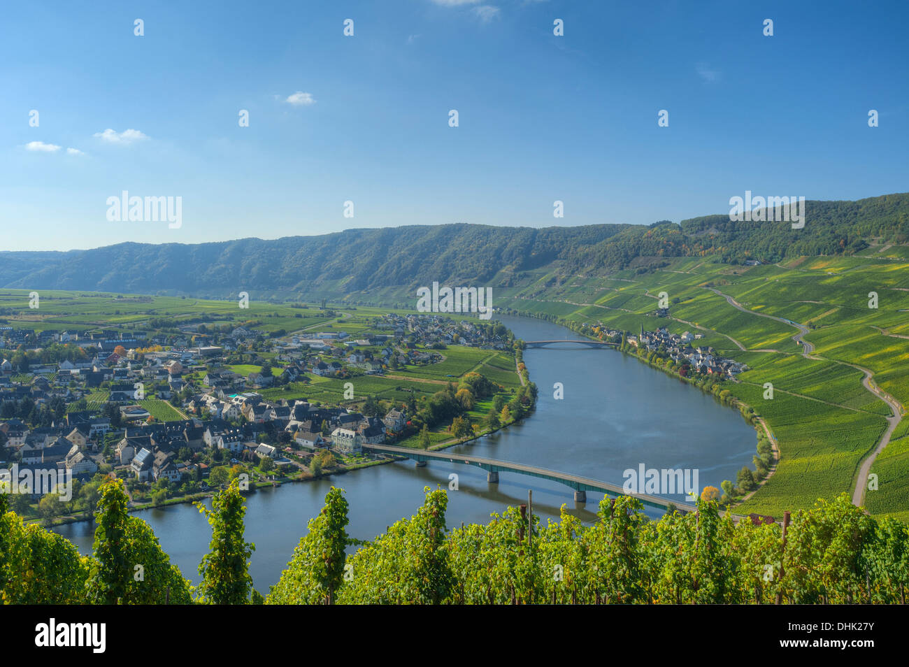 Blick auf Piesport, Mosel, Rheinland-Pfalz, Deutschland Stockfoto