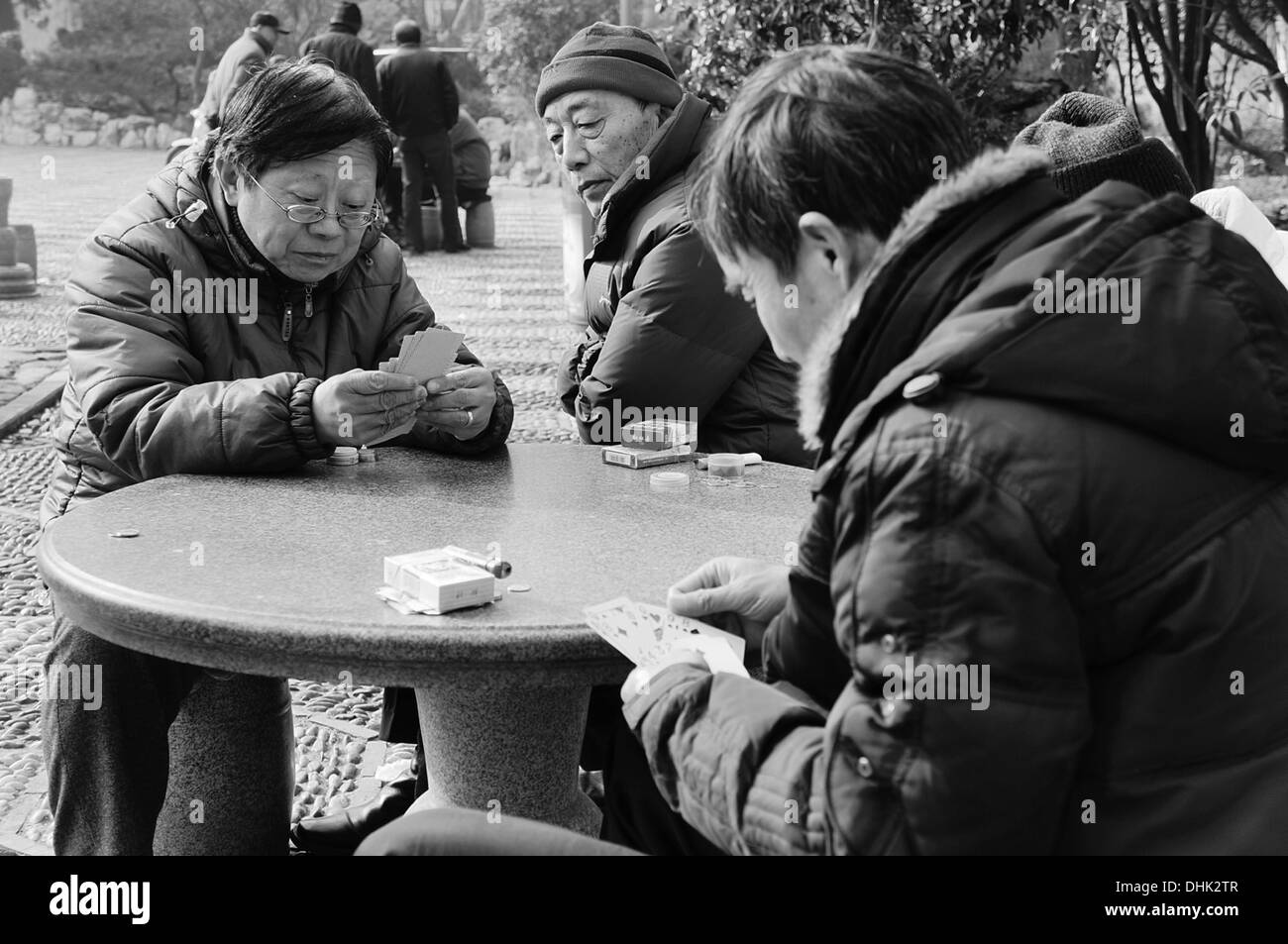 Chinesische Männer Spielkarten in einem Park in Shanghai Stockfoto