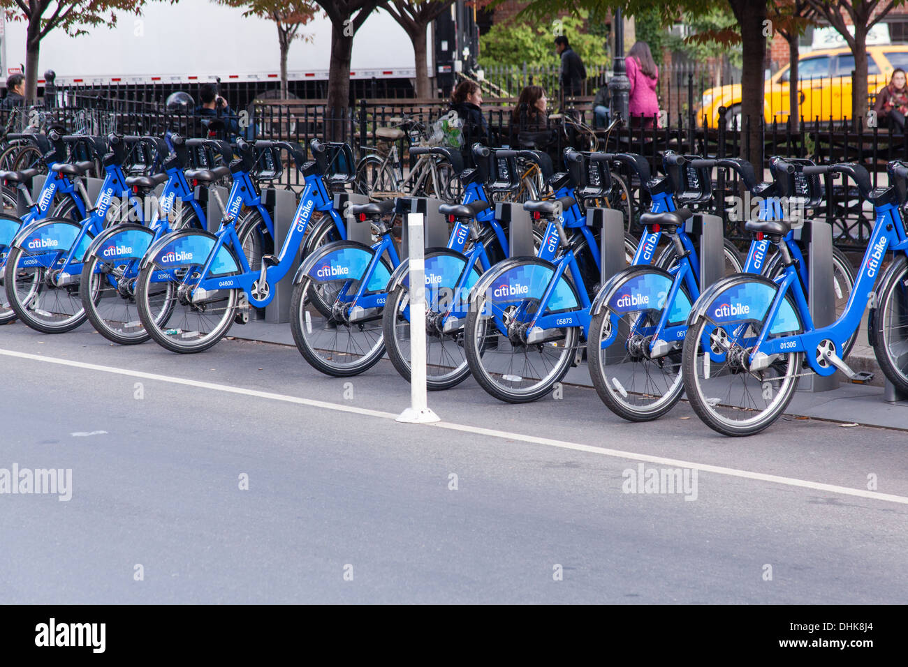 Citibike Fahrrad Station Vater Demo Square, Greenwich Village, New York City, Vereinigte Staaten von Amerika. Stockfoto