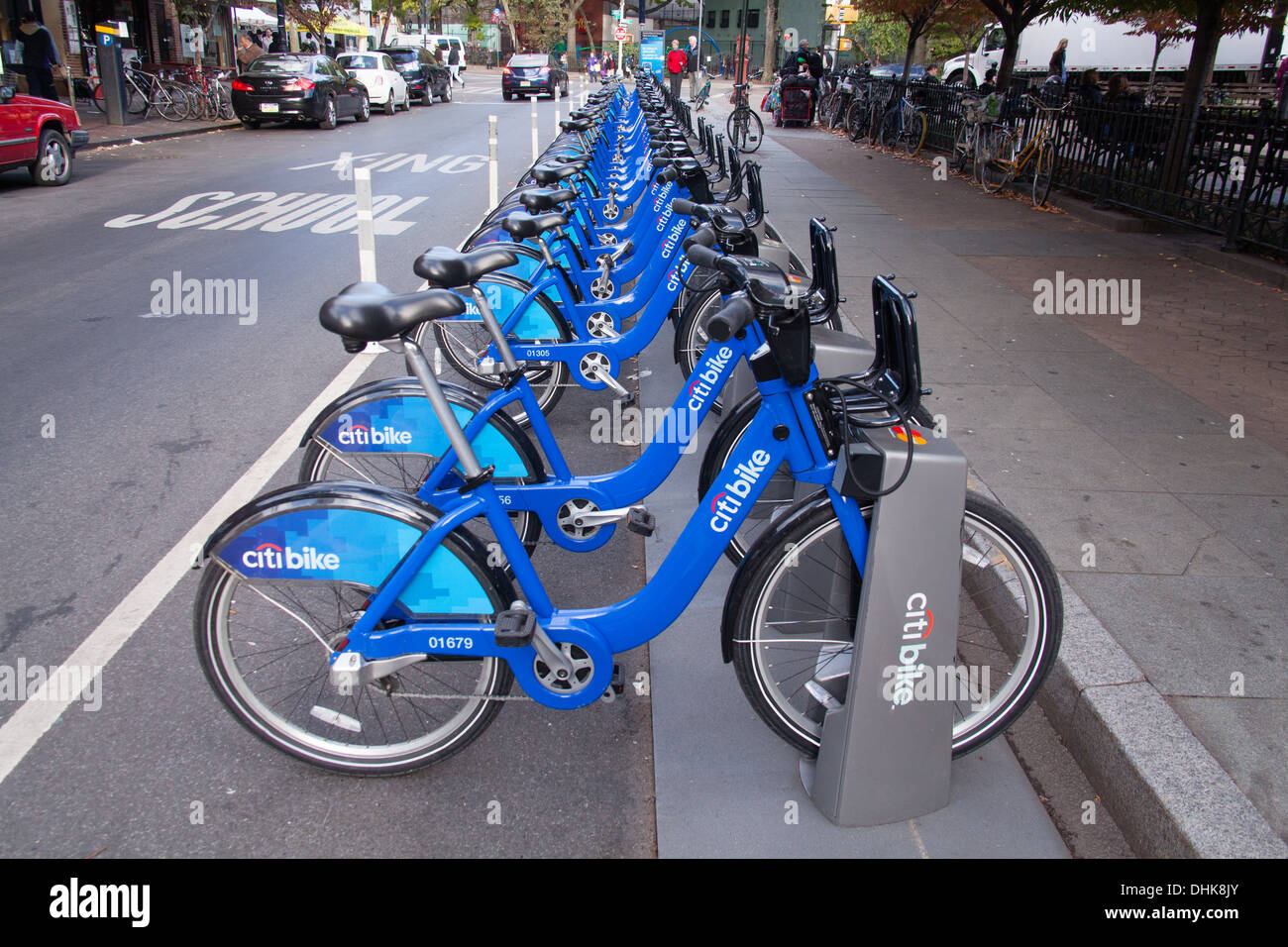 Citibike Fahrrad Station Vater Demo Square, Greenwich Village, New York City, Vereinigte Staaten von Amerika. Stockfoto