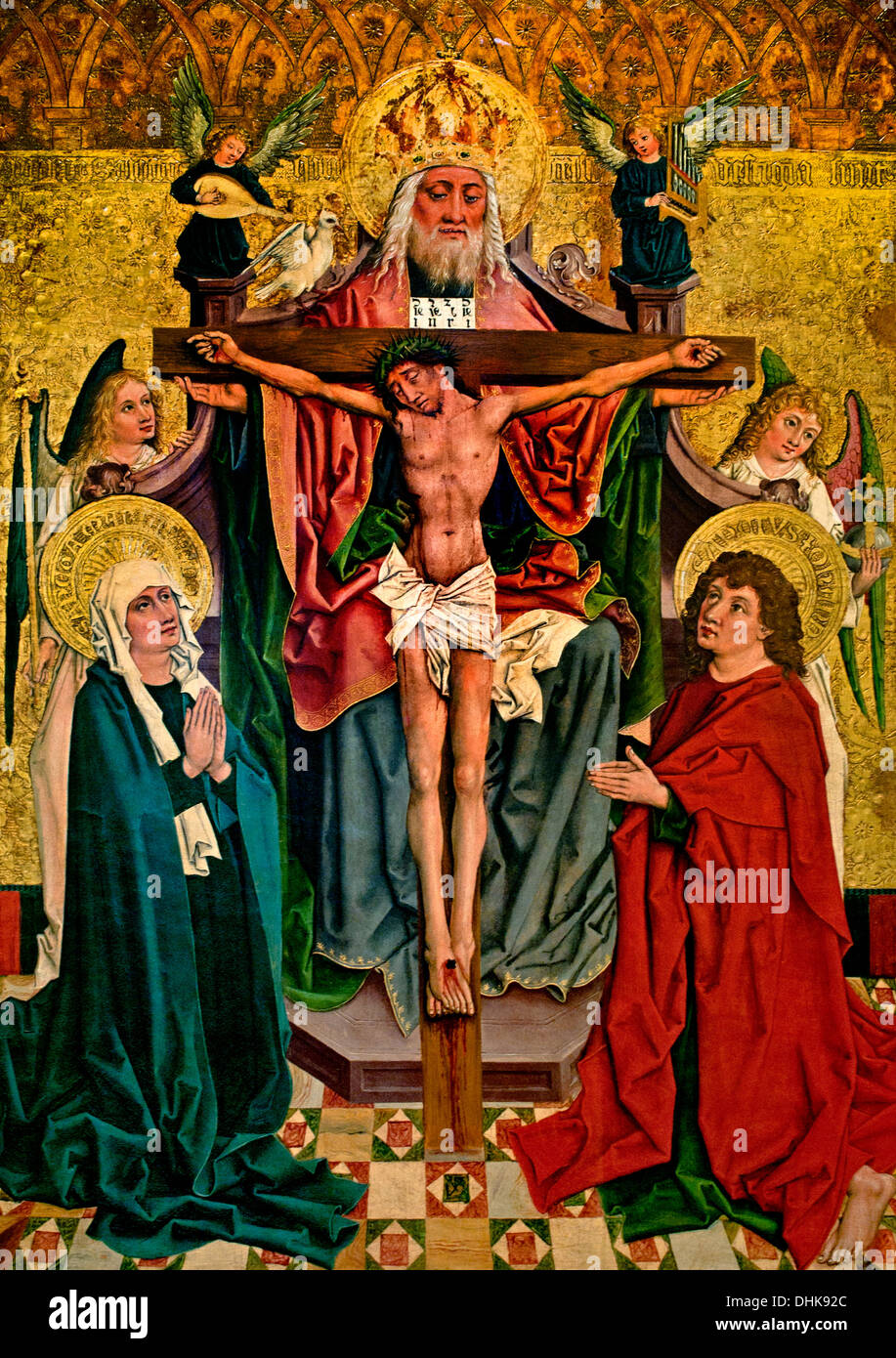 Trinity umgeben die Jungfrau Maria und St. Johannes vier Engel 15 Jahrhundert Haute Alsace France Stockfoto