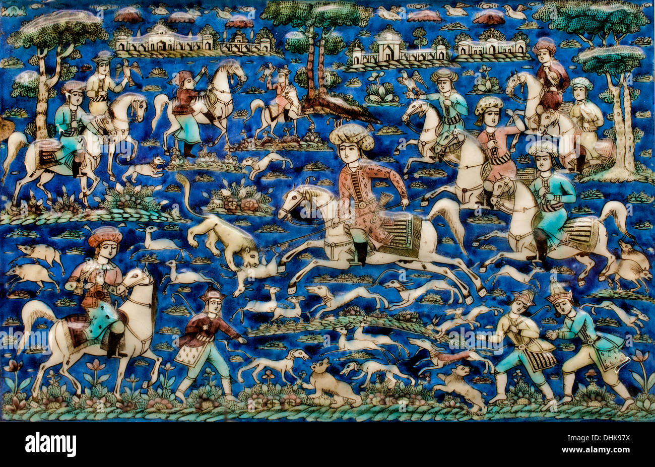 Wandplatte aus einer Jagdszene 18. / 19. Jahrhundert Teheran - Teheran Iran Kadscharen Persien persische Stockfoto