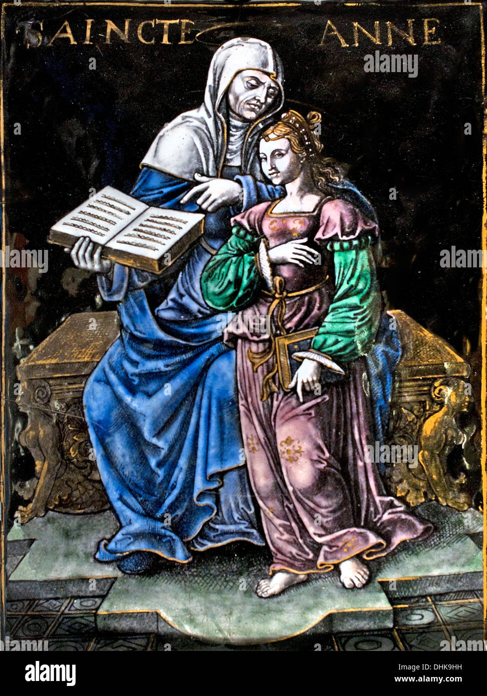 Sainte Anne Limoges 16. / 17. Jahrhundert E-Mail Polychrom bemalt auf Kupfer mit gold-Highlights-Platten aus einem Altarbild Frankreich Stockfoto