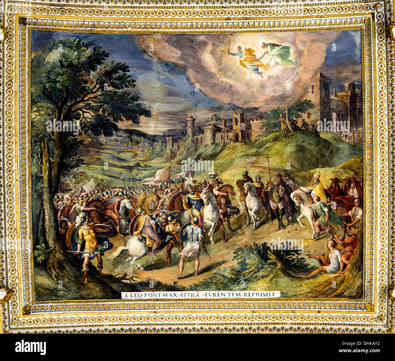 Das Treffen zwischen Leo der Große und Attila - gewölbte Decke in der Galerie der Karten an die Vatikanischen Museen - Rom, Italien Stockfoto