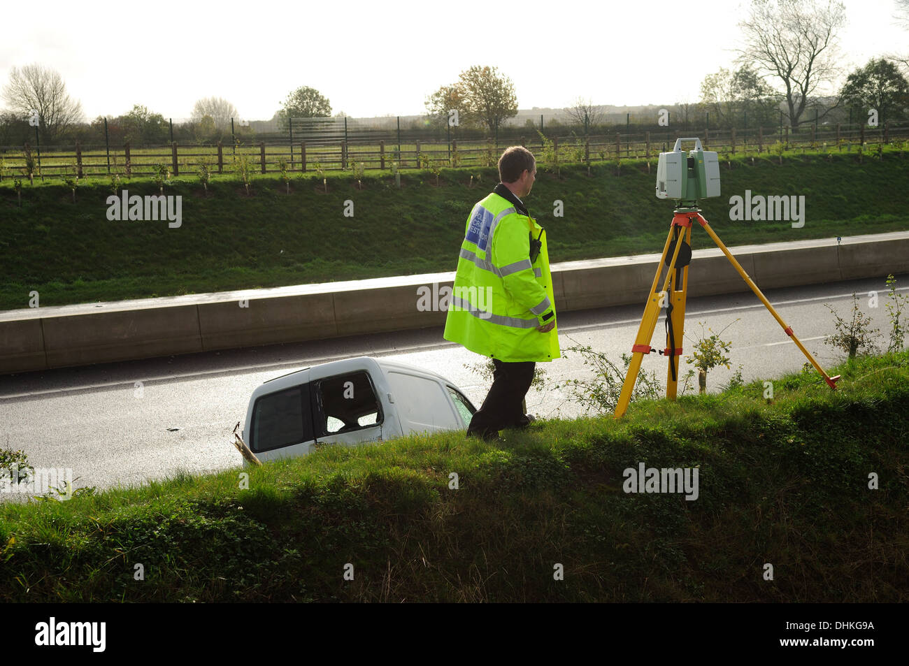Polizei Verkehr Crash Ermittler, Unfall A46 Newark, Notts, Großbritannien. Stockfoto