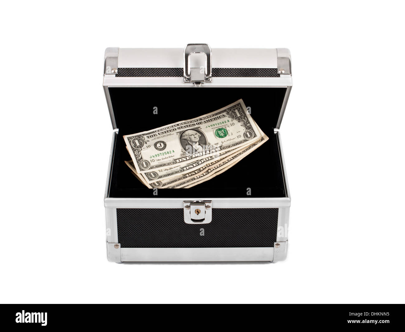 fünf Dollar in Metallgehäuse Stockfoto