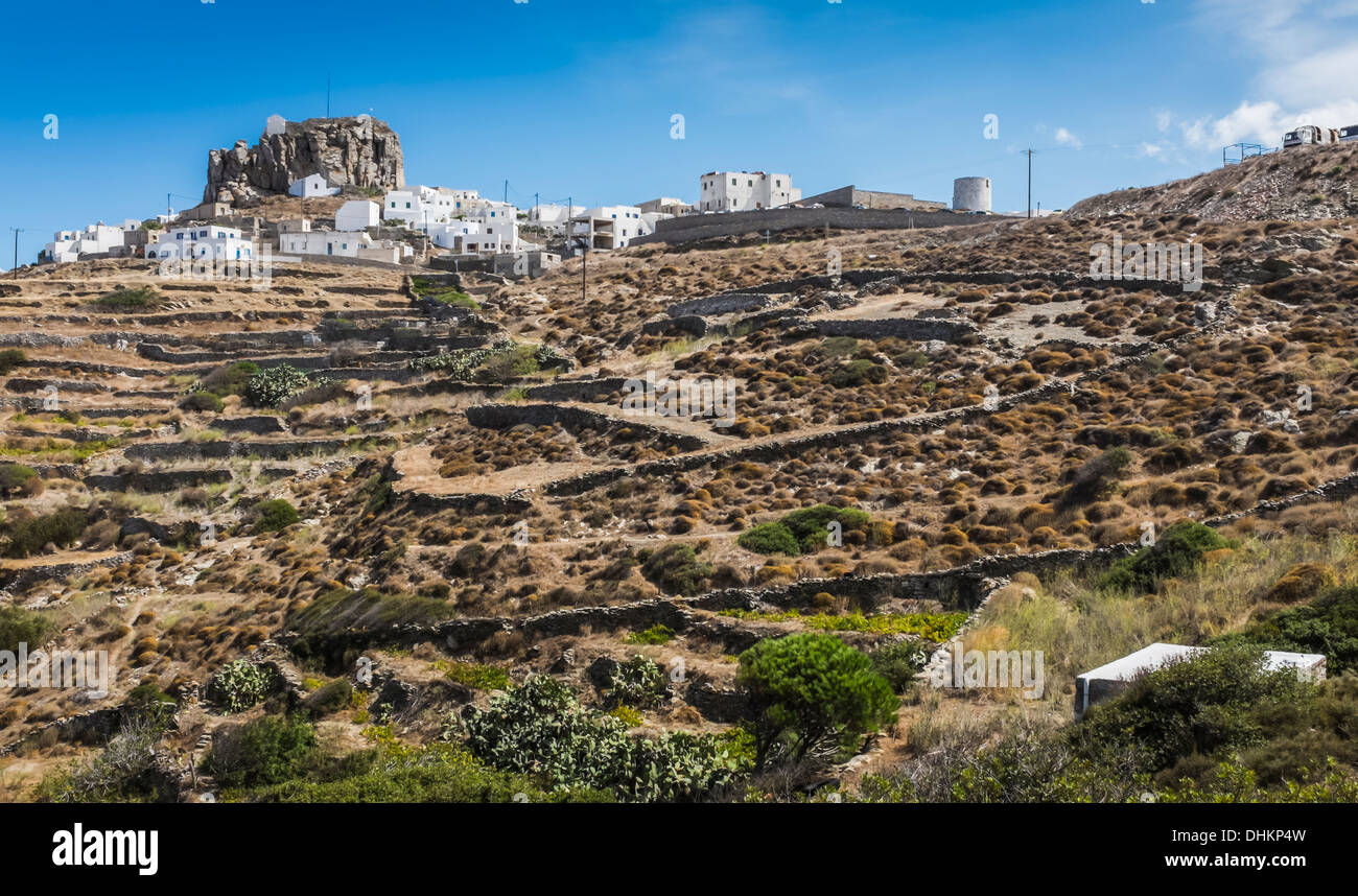 Die Chora von amargos, mit Blick auf katapola Insel Amorgos om, Kykladen, Griechenland Stockfoto