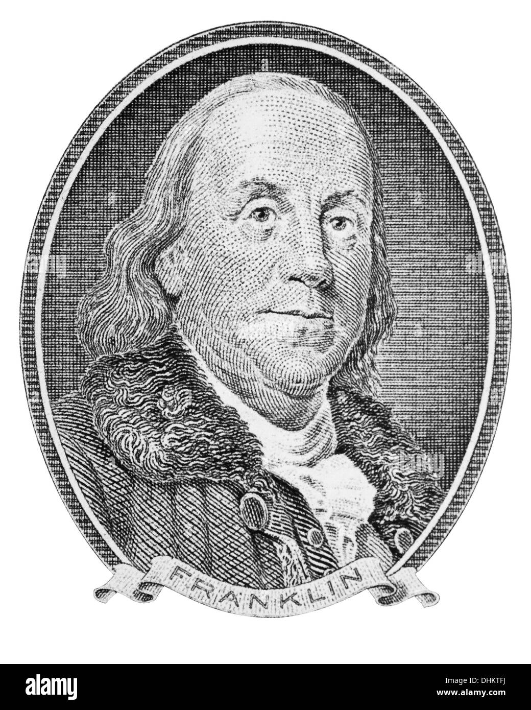 Benjamin Franklin Porträt isoliert auf weißem Hintergrund Stockfoto
