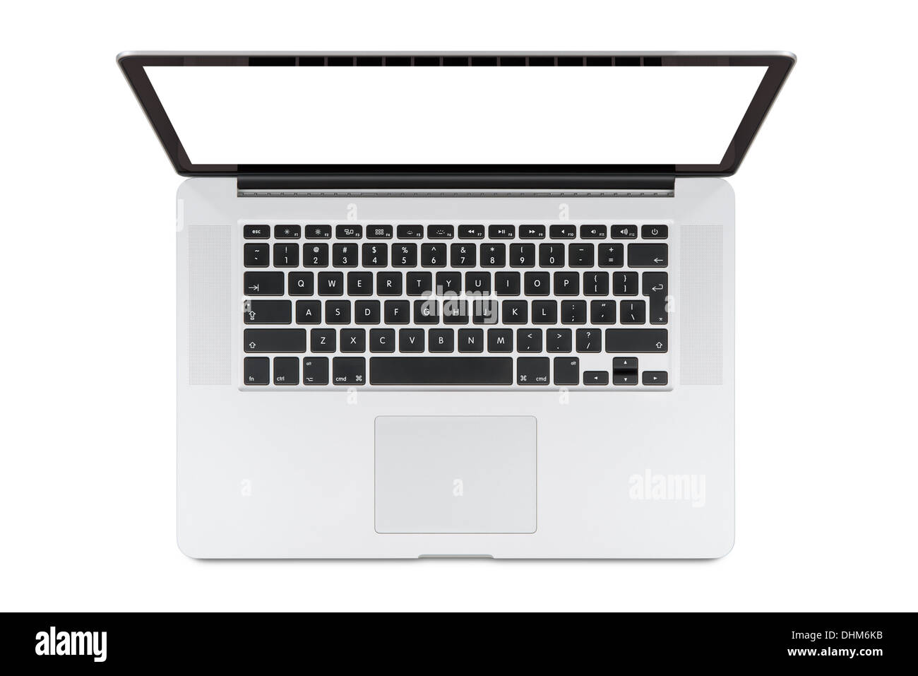 Draufsicht der modernen Netzhaut Laptop mit englischen Tastatur isoliert auf weißem Hintergrund. Hohe Qualität. Stockfoto