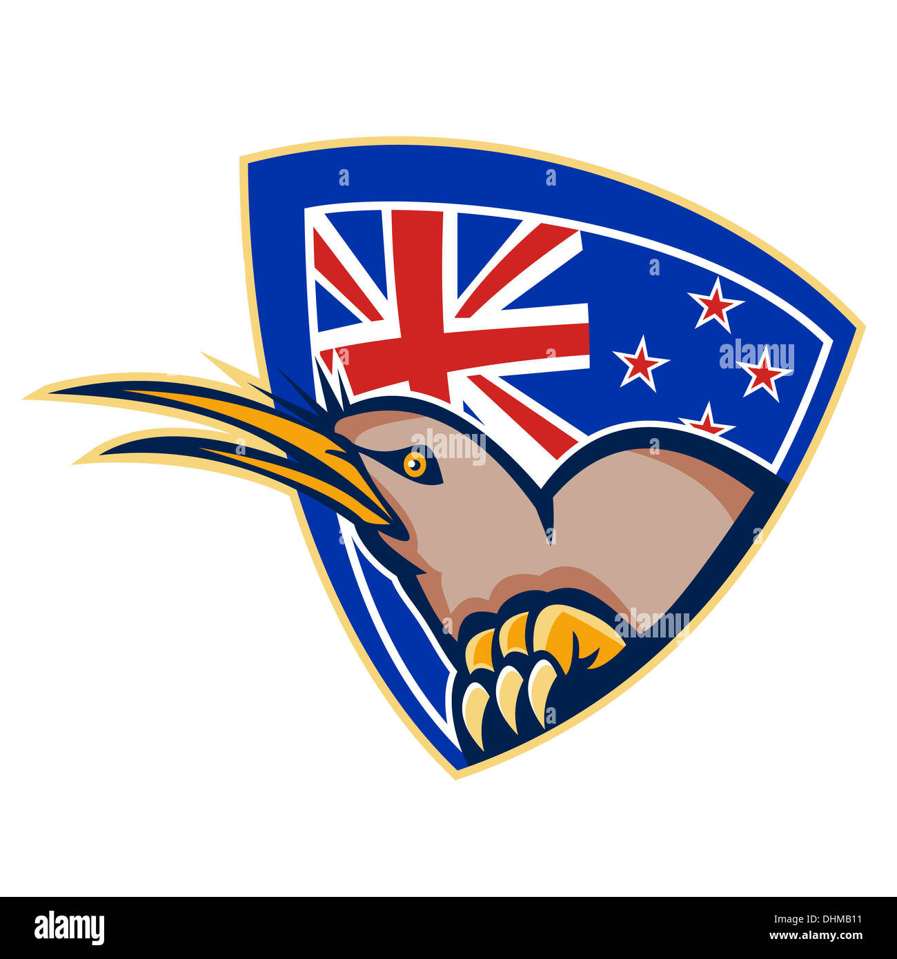 Abbildung eines wütenden Kiwi Vogel Kopfes Seitenansicht mit Neuseeland Flagge im Hintergrund im Inneren Wappen Schild im retro-Stil gemacht. Stockfoto