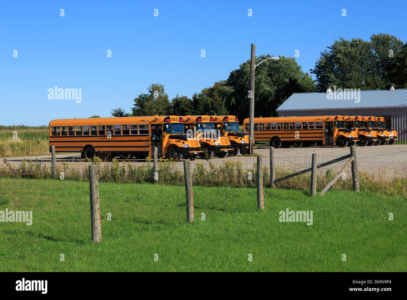 Schulbusse geparkt in einem Hof im südlichen Ontario in der Nähe von Barrie Stockfoto